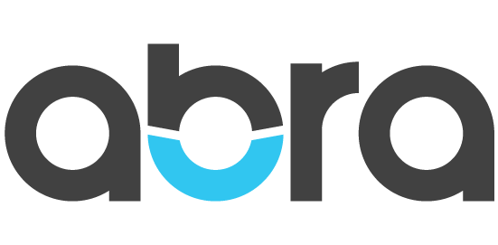 The image shows the word "abra" in gray lowercase letters with the letter "b" featuring a blue arc, suggesting a smile.