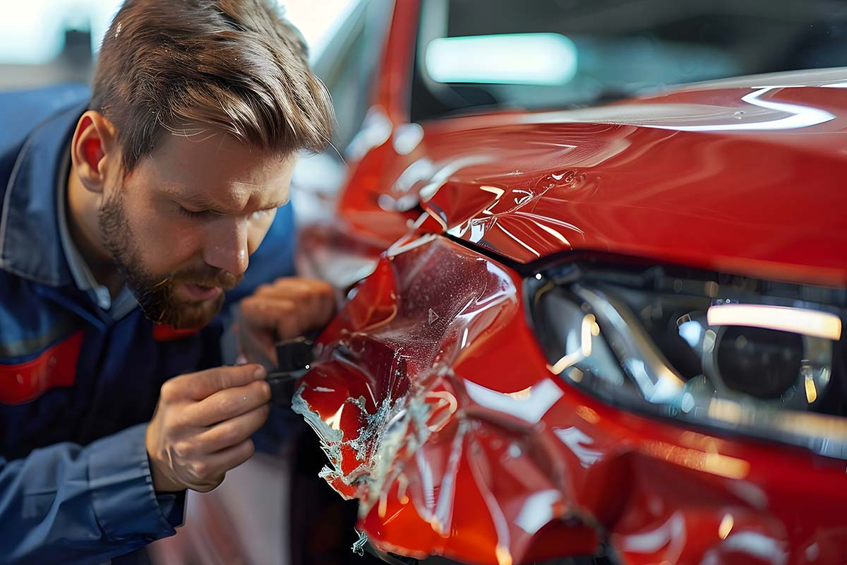 Mechanic inspecting front-end damage on a red car in a garage setting.