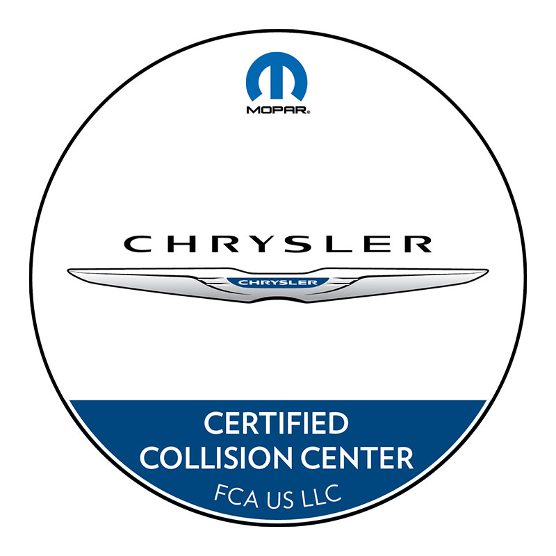 Logo of a Certified Collision Center by FCA US LLC. Features the Chrysler emblem and Mopar logo at the top.