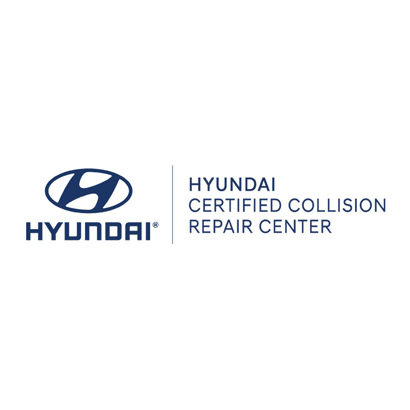 Hyundai Certified Collision Repair Center logo with Hyundai emblem and text in blue on a white background.