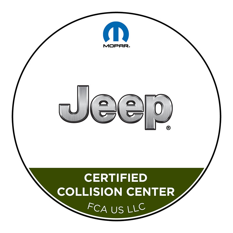 Jeep Certified Collision Center logo featuring the Mopar emblem and text, "FCA US LLC.