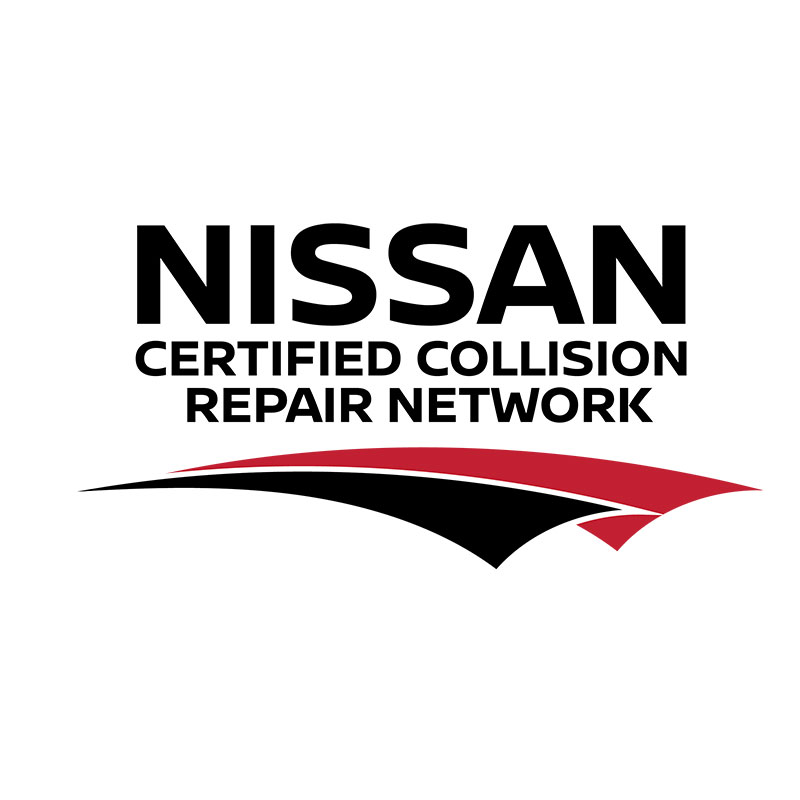 Nissan Certified Collision Repair Network logo with black and red swoosh design beneath the text.