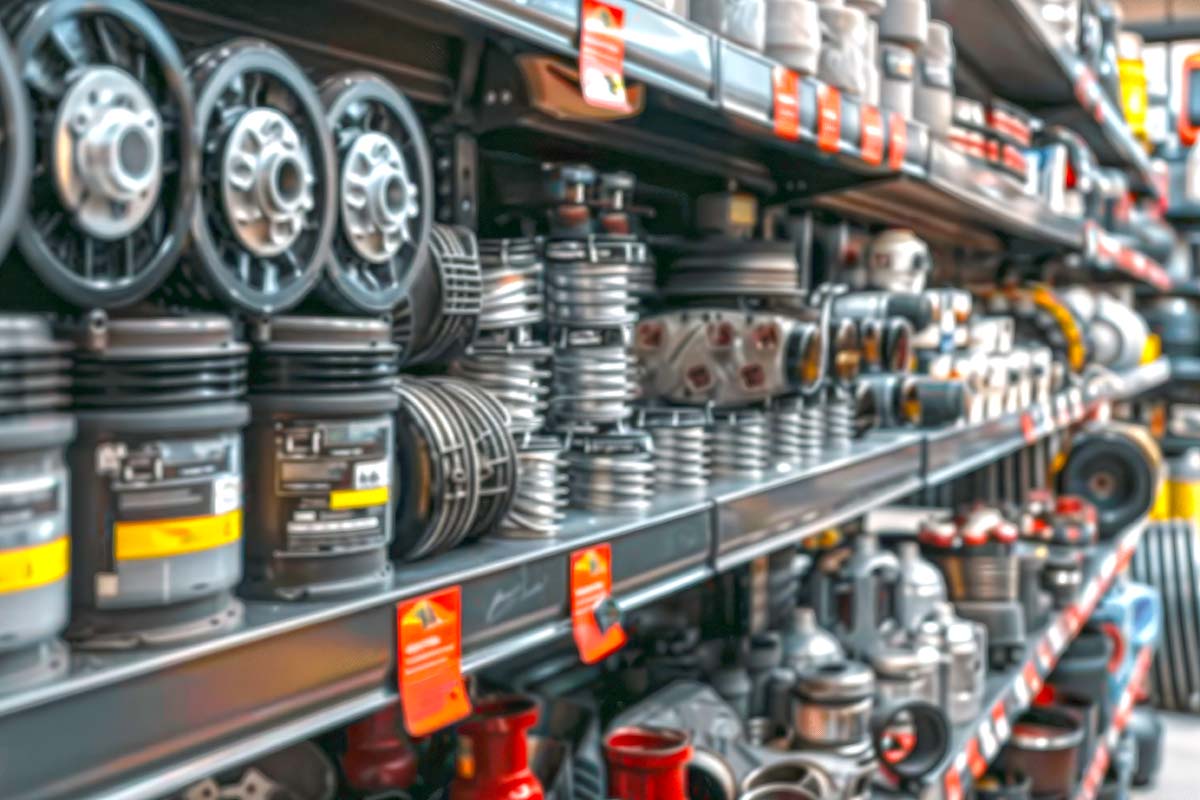 Shelves displaying various automotive parts, including gears, bearings, and filters, neatly organized and labeled in a store.