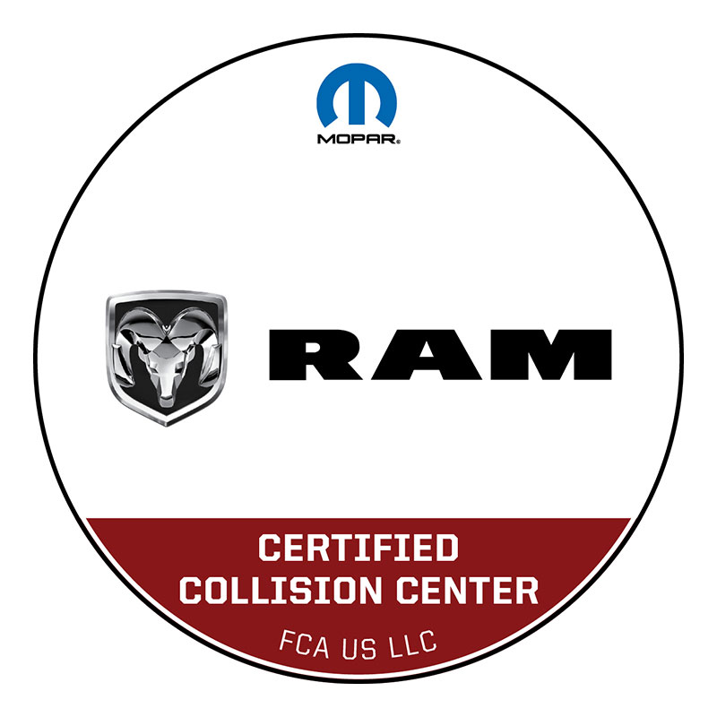 Logo of Ram Certified Collision Center by FCA US LLC, featuring the Ram emblem and Mopar logo on a circular badge.