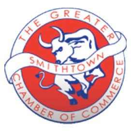Logo of The Greater Smithtown Chamber of Commerce featuring a bull and white ribbon on a red circular background.